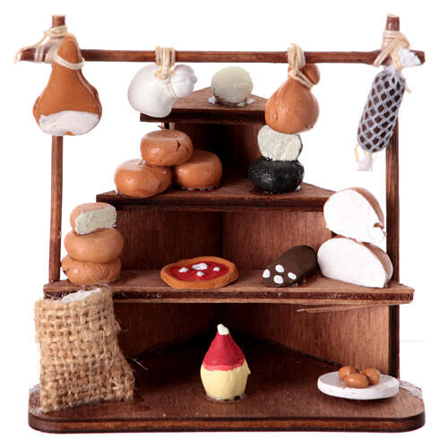 Cheese and meat stall for 6 cm Neapolitan Nativity Scene, wood and terracotta, 10x10x5 cm 1