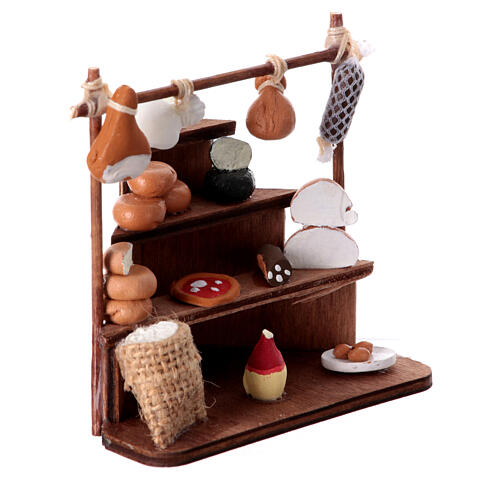 Cheese and meat stall for 6 cm Neapolitan Nativity Scene, wood and terracotta, 10x10x5 cm 3