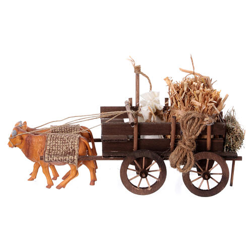 Ochsen-Karren mit Arbeitsgeräten und Heuballen als Last, Krippenzubehör, neapolitanischer Stil, für 10 cm Krippe, 10x30x15 cm 1