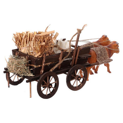Ochsen-Karren mit Arbeitsgeräten und Heuballen als Last, Krippenzubehör, neapolitanischer Stil, für 10 cm Krippe, 10x30x15 cm 4