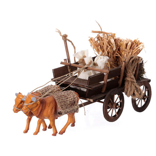 Ox cart with hay for 10 cm Neapolitan Nativity Scene, 15x30x15 cm 2