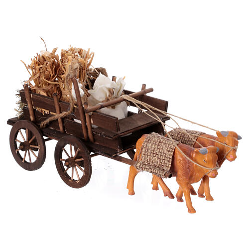 Ox cart with hay for 10 cm Neapolitan Nativity Scene, 15x30x15 cm 3