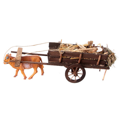 Ochsen-Karren mit Arbeitsgeräten und Heu als Last, Krippenzubehör, neapolitanischer Stil, für 10 cm Krippe, 10x30x10 cm 1
