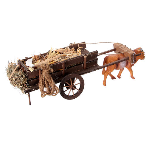 Ochsen-Karren mit Arbeitsgeräten und Heu als Last, Krippenzubehör, neapolitanischer Stil, für 10 cm Krippe, 10x30x10 cm 4