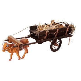 Ox-cart transporting hay for 10 cm Neapolitan Nativity Scene, 10x30x10 cm