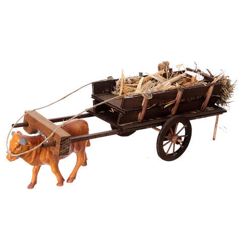 Ox-cart transporting hay for 10 cm Neapolitan Nativity Scene, 10x30x10 cm 2