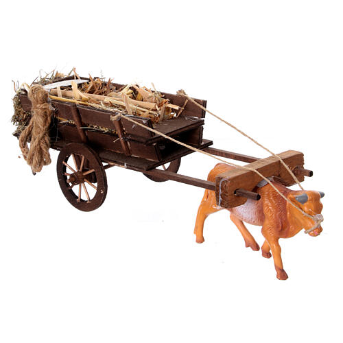 Ox-cart transporting hay for 10 cm Neapolitan Nativity Scene, 10x30x10 cm 3