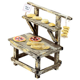 Marktstand mit Pizza und Brotwaren, Krippenzubehör, neapolitanischer Stil, für 10-12 cm Krippe, 10x10x5 cm