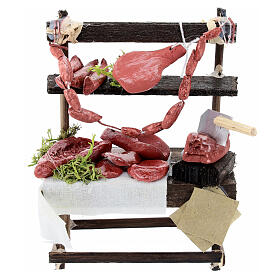 Marktstand mit Fleischwaren, Krippenzubehör, neapolitanischer Stil, für 10 cm Krippe, 10x10x5 cm
