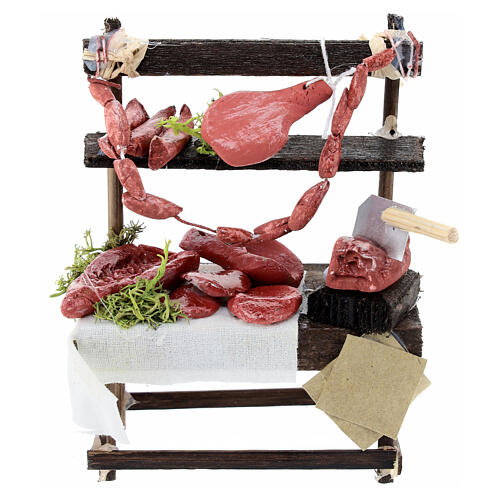Marktstand mit Fleischwaren, Krippenzubehör, neapolitanischer Stil, für 10 cm Krippe, 10x10x5 cm 1