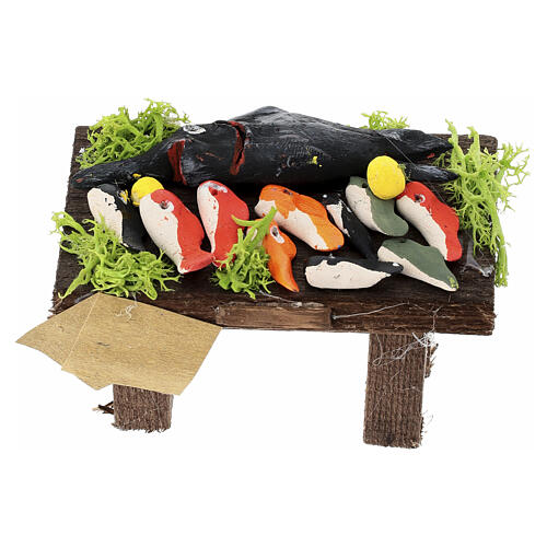 Verkaufsstand mit verschiedenen Fischarten, Krippenzubehör, neapolitanischer Stil, für 10 cm Krippe, 5x10x5 cm 2
