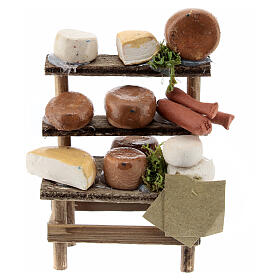 Verkaufsstand mit verschiedenem Käse, Krippenzubehör, neapolitanischer Stil, für 6 cm Krippe, 5x5x3 cm
