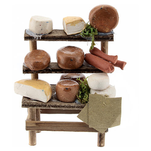 Verkaufsstand mit verschiedenem Käse, Krippenzubehör, neapolitanischer Stil, für 6 cm Krippe, 5x5x3 cm 1