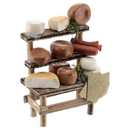 Verkaufsstand mit verschiedenem Käse, Krippenzubehör, neapolitanischer Stil, für 6 cm Krippe, 5x5x3 cm 3