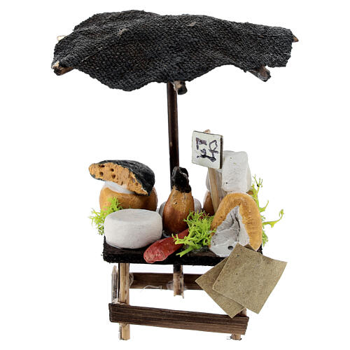 Market stall with terracotta cheese and parasol, accessory for 6 cm Neapolitan Nativity Scene, 10x5x5 cm 1