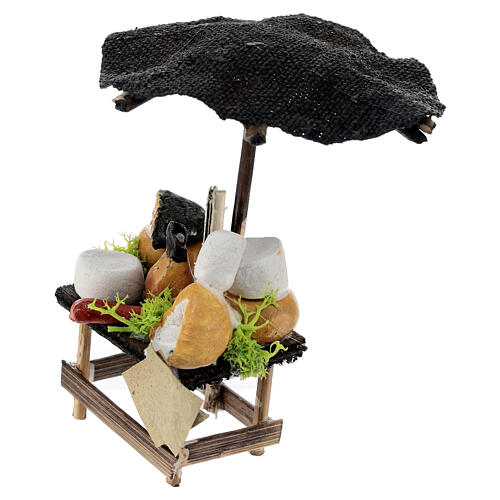 Market stall with terracotta cheese and parasol, accessory for 6 cm Neapolitan Nativity Scene, 10x5x5 cm 2