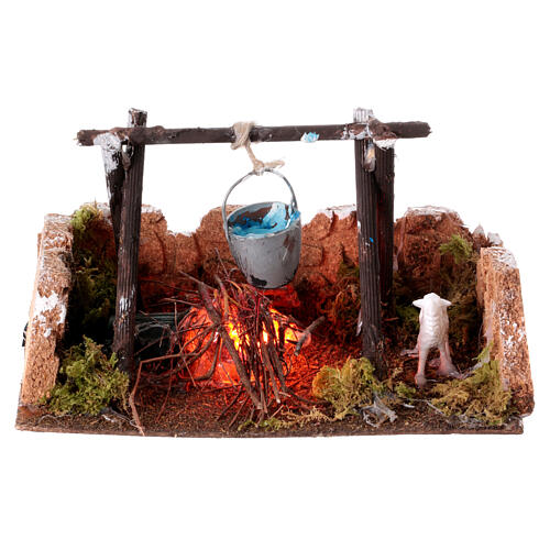 Pot on the fire, illuminated setting for 10-12 cm Neapolitan Nativity Scene, 15x10x5 cm 1