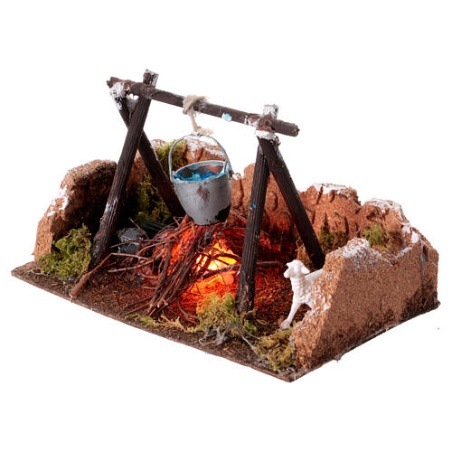 Pot on the fire, illuminated setting for 10-12 cm Neapolitan Nativity Scene, 15x10x5 cm 2