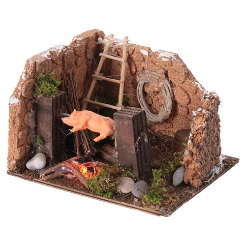 Cenário espeto de assar luz efeito chama presépio napolitano 6 cm 10x10x10 cm 2