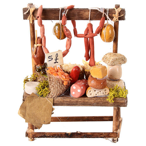 Cheese and charcuterie market stall for 12 cm Neapolitan Nativity Scene, 15x10x5 cm 1