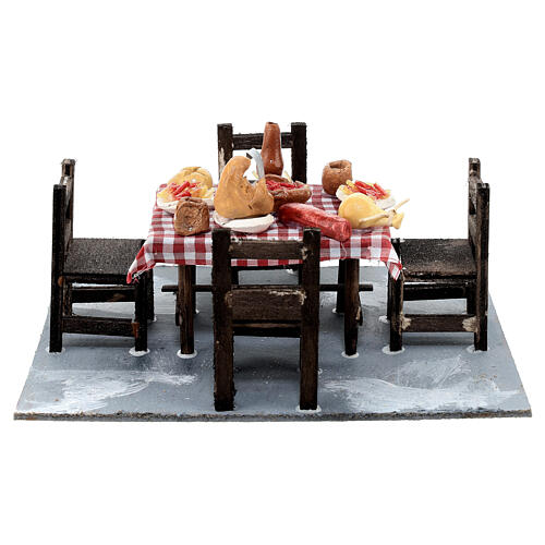 Table with food and chairs, 10x15x15 cm, setting for 10 cm Neapolitan Nativity Scene 5