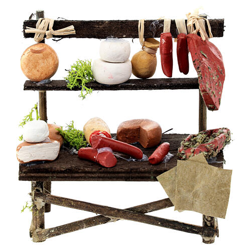 Banco salumi presepe 10 cm Napoli legno terracotta 10x10x5 cm 1