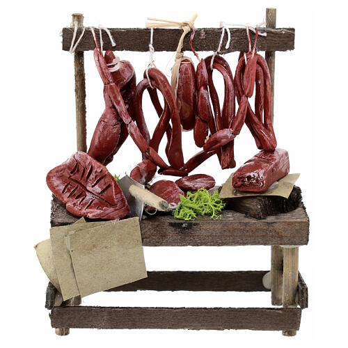 Meat display for 10 cm Neapolitan Nativity Scene, wood and terracotta, 15x10x5 cm 1