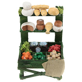 Verkaufsstand mit Käse, Brotwaren und Gemüse, Krippenzubehör, neapolitanischer Stil, für 10 cm Krippe, 15x10x5 cm