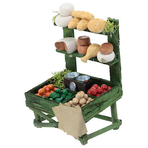 Verkaufsstand mit Käse, Brotwaren und Gemüse, Krippenzubehör, neapolitanischer Stil, für 10 cm Krippe, 15x10x5 cm 2