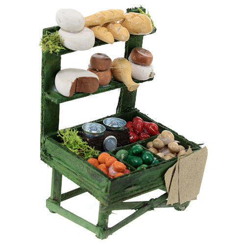 Verkaufsstand mit Käse, Brotwaren und Gemüse, Krippenzubehör, neapolitanischer Stil, für 10 cm Krippe, 15x10x5 cm 3