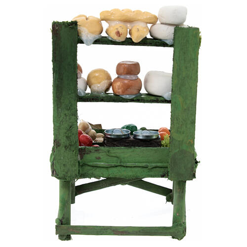 Verkaufsstand mit Käse, Brotwaren und Gemüse, Krippenzubehör, neapolitanischer Stil, für 10 cm Krippe, 15x10x5 cm 4