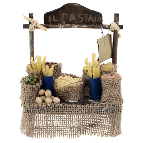 Pasta market stall for 10 cm Neapolitan Nativity Scene, wood and jute 1