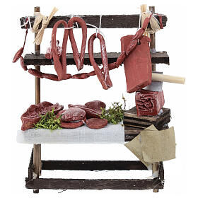 Butcher's market stall with miniature terracotta food, 15x10x5 cm, for 12 cm Neapolitan Nativity Scene