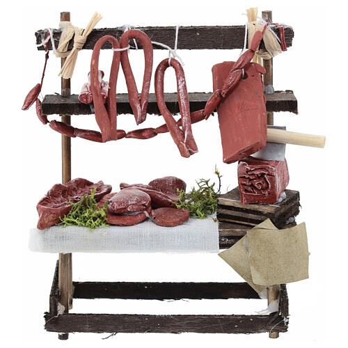Butcher's market stall with miniature terracotta food, 15x10x5 cm, for 12 cm Neapolitan Nativity Scene 1