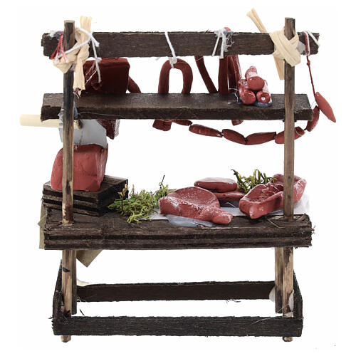 Butcher's market stall with miniature terracotta food, 15x10x5 cm, for 12 cm Neapolitan Nativity Scene 4