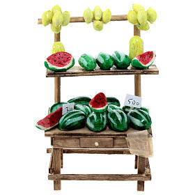 Verkaufsstand mit Wassermelonen und Zitronen, Krippenzubehör, neapolitanischer Stil, für 12 cm Krippe, 15x10x5 cm