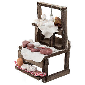 Market stall with terracotta cheese and charcuterie for 10 cm Neapolitan Nativity Scene, 15x10x5 cm