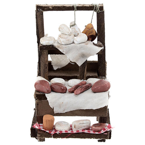 Market stall with terracotta cheese and charcuterie for 10 cm Neapolitan Nativity Scene, 15x10x5 cm 1