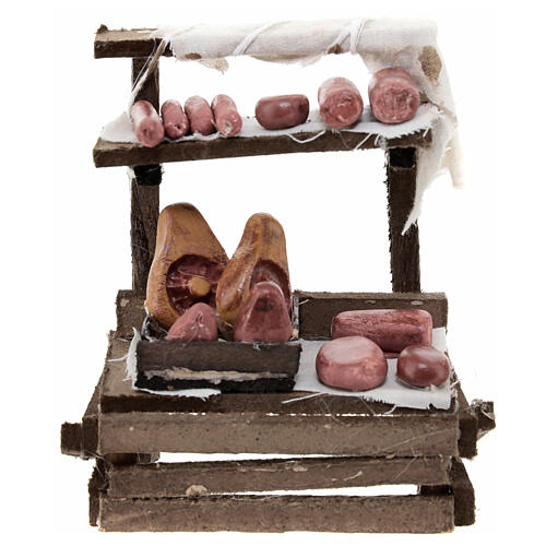 Market stall with terracotta charcuterie for 10 cm Neapolitan Nativity Scene, 15x10x5 cm 1