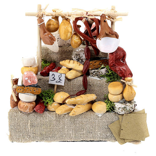Eckverkaufsstand mit Wurstwaren und Brot, Krippenzubehör, neapolitanischer Stil, für 12 cm Krippe, 15x10x5 cm 1