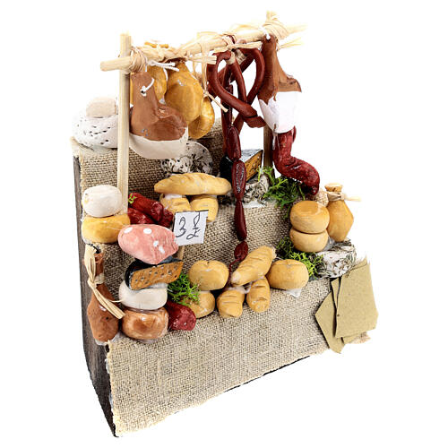 Eckverkaufsstand mit Wurstwaren und Brot, Krippenzubehör, neapolitanischer Stil, für 12 cm Krippe, 15x10x5 cm 3