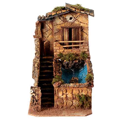 Haus mit Treppenaufgang und Wasserfall, Krippenzubehör, neapolitanischer Stil, für 6-8 cm Krippe, 25x15x25 cm 1