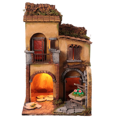 Krippenszenerie, Häuserfront mit kleinem Vorplatz und Melonenverkaufsstand, neapolitanischer Stil, für 10-12 cm Krippe, 45x30x30 cm 1