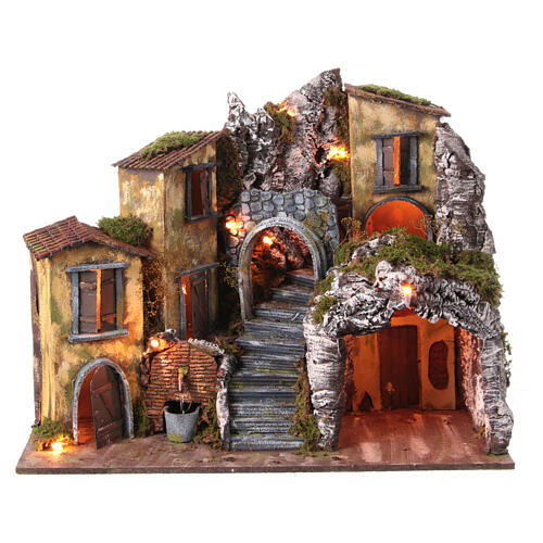Krippenszenerie, Rustikales Bergdorf mit Bogentreppe und Brunnen, inkl Beleuchtung, neapolitanischer Stil, für 10 cm Figuren, 50x50x30 cm 1