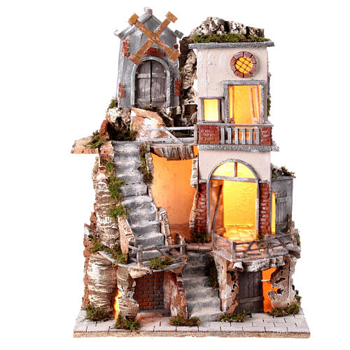 Borgo presepe napoletano mulino a vento scale 10-12 cm 60x45x35 cm 1