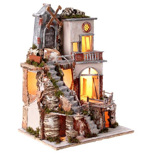 Borgo presepe napoletano mulino a vento scale 10-12 cm 60x45x35 cm 6