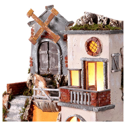 Village windmill steps Neapolitan nativity scene 10-12 cm 60x45x35 cm 2