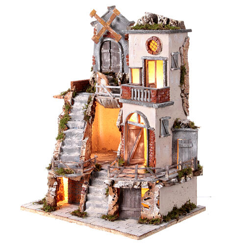 Village windmill steps Neapolitan nativity scene 10-12 cm 60x45x35 cm 3