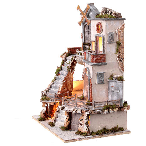 Village windmill steps Neapolitan nativity scene 10-12 cm 60x45x35 cm 5