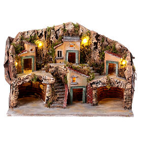 Krippenszenerie mit 2 Grotten und Miniatur-Häusern vor Bergmassiv, inkl Beleuchtung, neapolitanischer Stil, für 6-8 cm Figuren, 35x50x30 cm